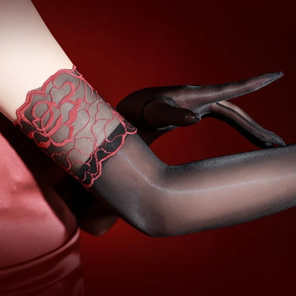 Fashion Lace Cuff Five Finger Gloves Smooth Stretchy Long Gloves Sheer Material Tight Stockings Gloves Nightclub
