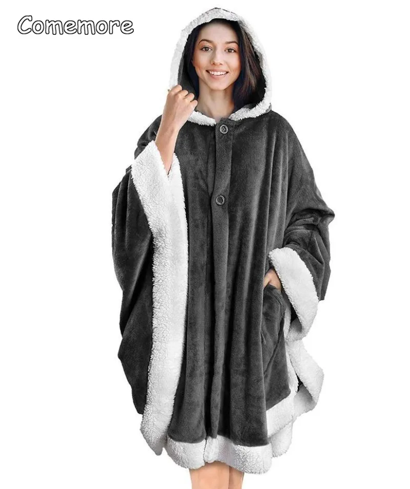 

Comemore Velvet Warm TV Blanket with Pocket Oversized Soft Plush Hoody Homewear Shawl Women Winter Blanket Woman Cloak Hoodies