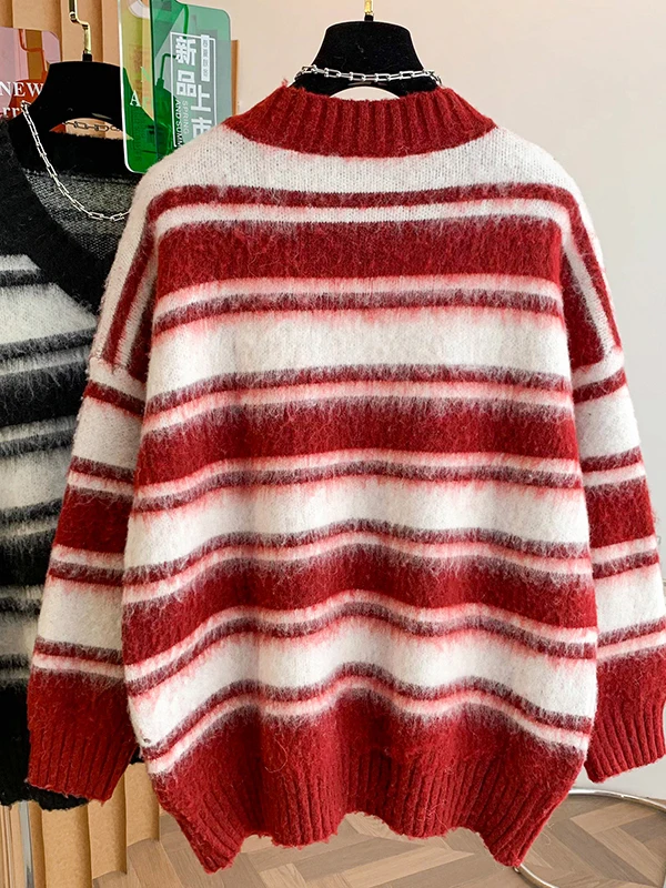Roter Streifen-V-Ne-Strickpullover für Damen, lockere Farbe, Blo-gestreift, Frühling 2026, lässige Passform, bequeme Passform, langes Sve-Top