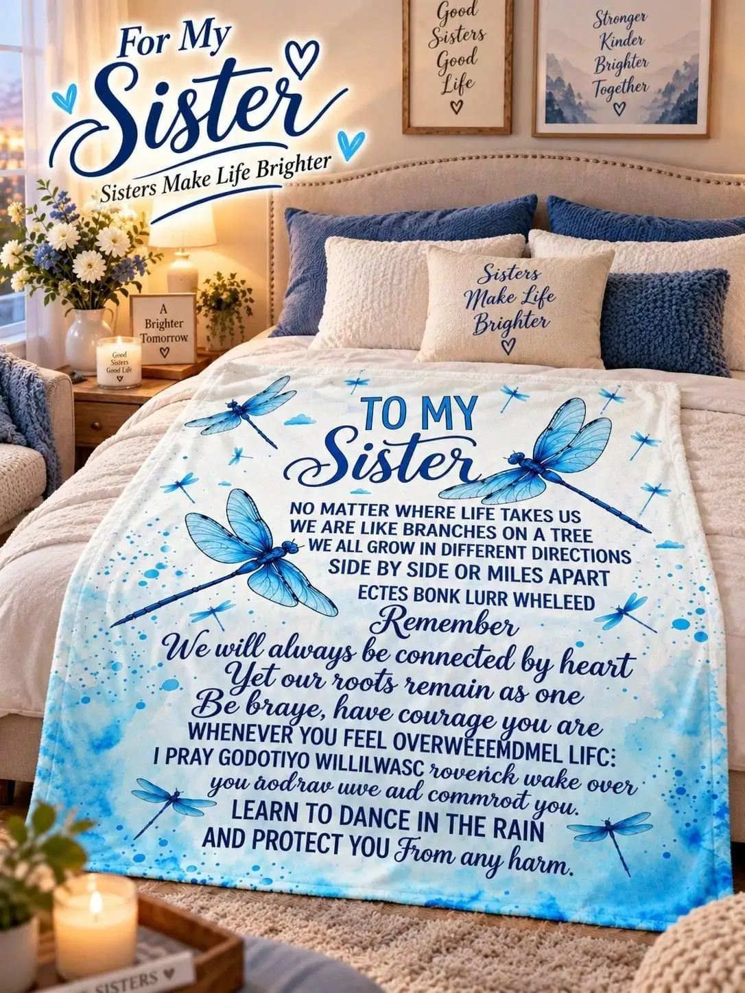 Sister Flannel Blankets Feather Butterfly Floral Bond Sofa Bed Throw Home Decor Bedroom Living Room Christmas Halloween Thanksgiving Birthday Anniversary Housewarming Gift Family Friends Guestroom Apartment Winter Holiday Reading Nook Dorm Couch