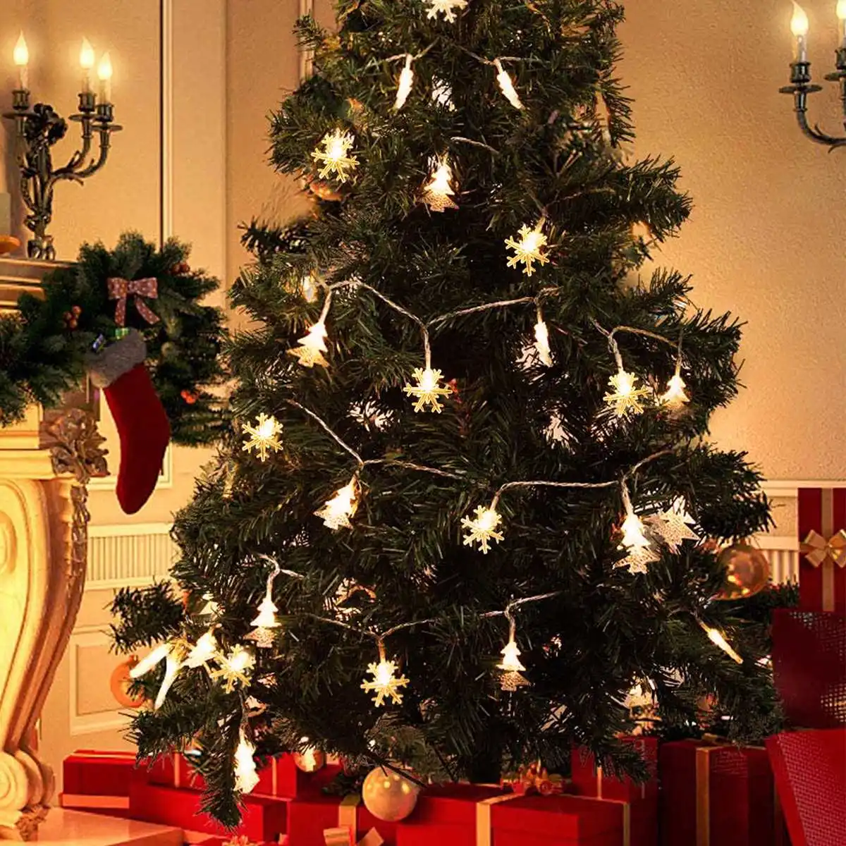 LED Snowflake Light Garland Stars Fairy Light Battery-operated Xmas Tree Elk Decorativa Garland Party Wedding New Year\'s Decor