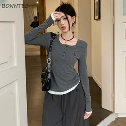 T-shirts Women Fake 2 Pcs Spring Autumn Slim Tops Long Sleeve Korean Retro Female Stylish All-match Young Style Basic Clothes