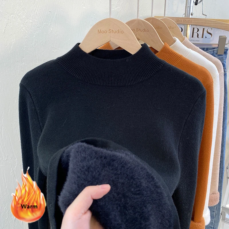 Warm Knitted Sweater Women Plus Velvet Half-Turtleneck Pullover 2024 Korean Fashion Solid Colors Long Sleeve Knitwear Top Loose