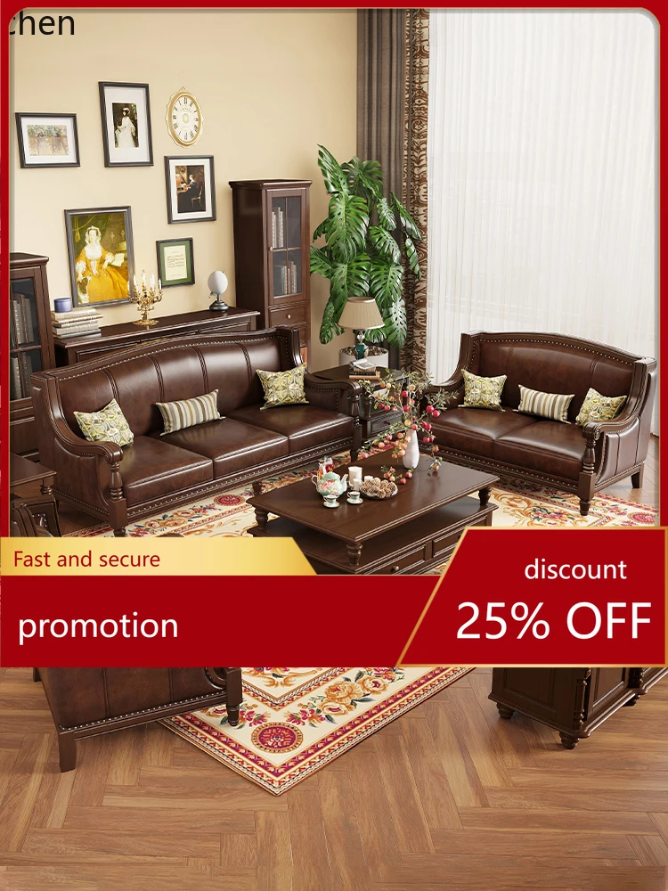 ZML Solid Wood Genuine Leather Sofa Top Layer Cowhide Combination Living Room Villa Three-Seater