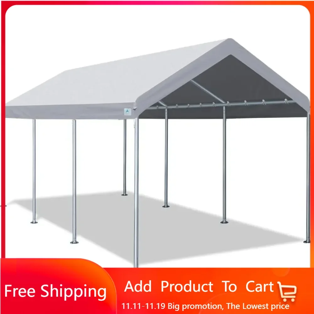 10x20 ft Adjustable Height Carport Heavy Duty Car Canopy Garage Shelter Boat Wedding Party Tent, No Sidewall, Grey