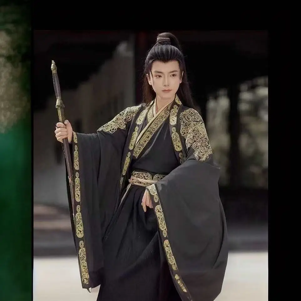 

Традиционная Мужская рубашка Wuxia с вышивкой Hanfu в китайском стиле Weijin с большими рукавами, нишевый королевский боевой костюм для косплея на Хэллоуин
