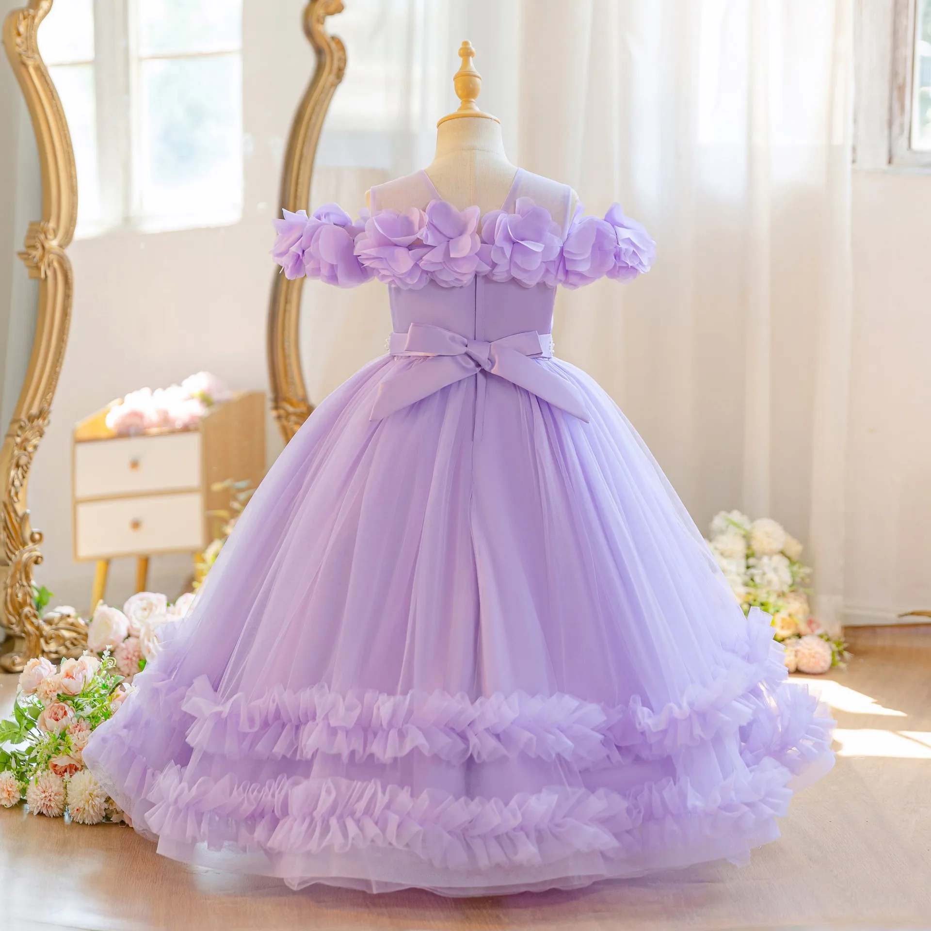 HETISO Elegant Flower Dress for Kids Girls Tutu Long Wedding Piano Performance Birthday Party Prom Gown 4-12 Years