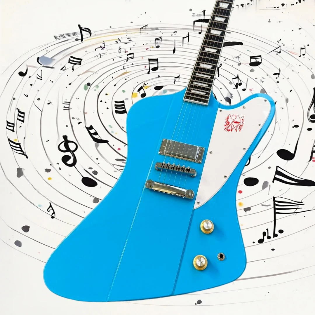Free Shipping Bright Blue Firebird Guitar Fingerboard Block Inlay Electric Guitar White Pickguard Gold Hardware HH Pickup System
