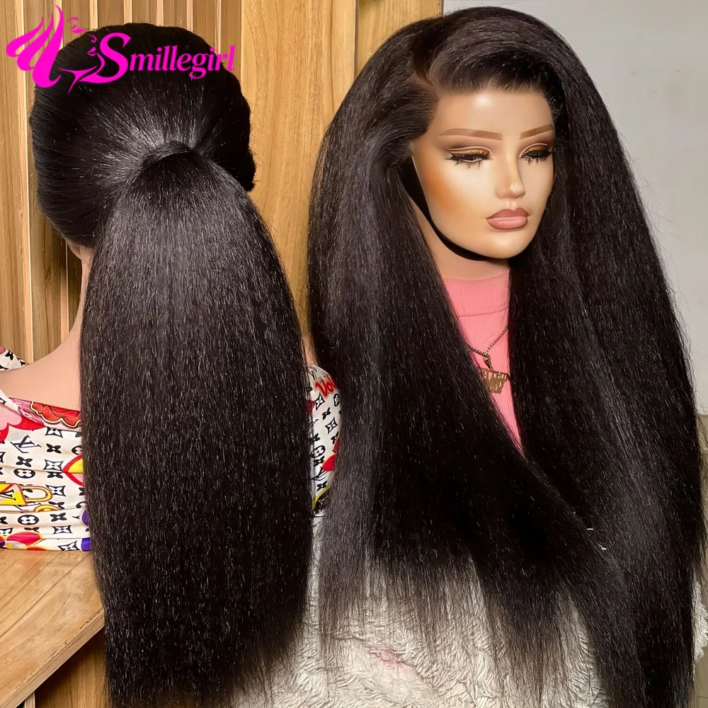 Kinky Straight 360 HD Full Lace Wigs Human Hair 250 Density Brazilian V Part Kinky Straight Human Hair Wig  Pre Plucked 360 Full Lace Wig Drawstring