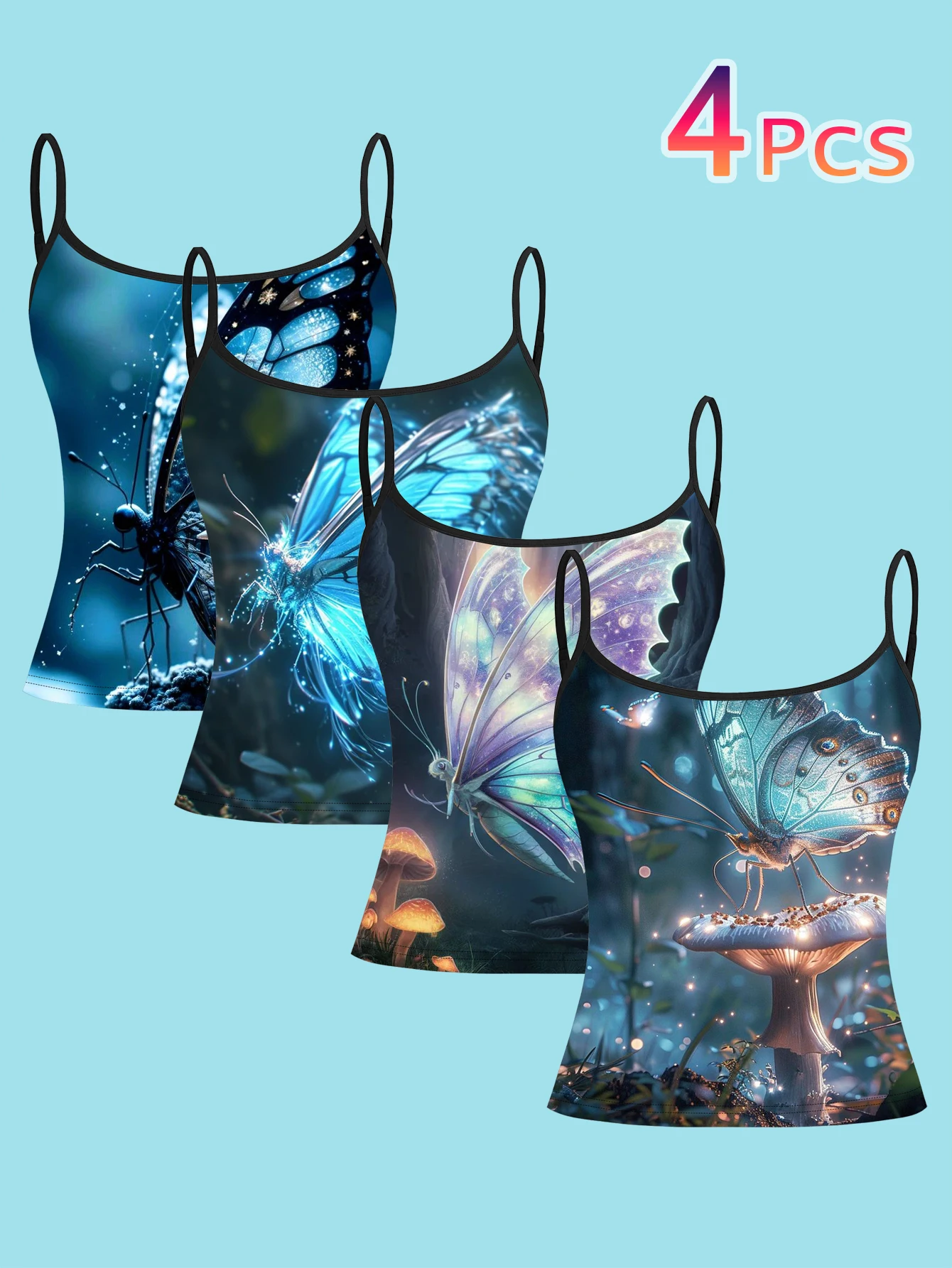 4-Piece Fantasy Forest Butterfly and Mushroom Camisole Set, Healing Iridescent Pattern Women's Base Layer Tank Top