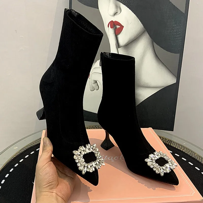 Ankle Boots Women Boots Women Shoes Woman Fashion High-heeled Pointed Flock Boots Spring Autumn Rhinestone Short Boots