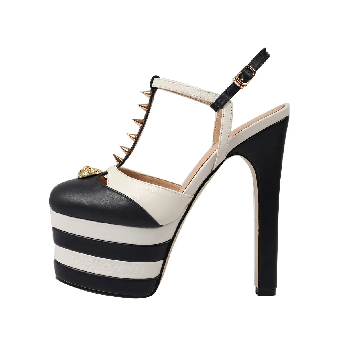 

Arden Furtado 2025 Лето из воловьей кожи Платформа с заклепками Разноцветные подиумные туфли с круглым носком Супер высокий каблук Т-образный ремень Римские сандалии