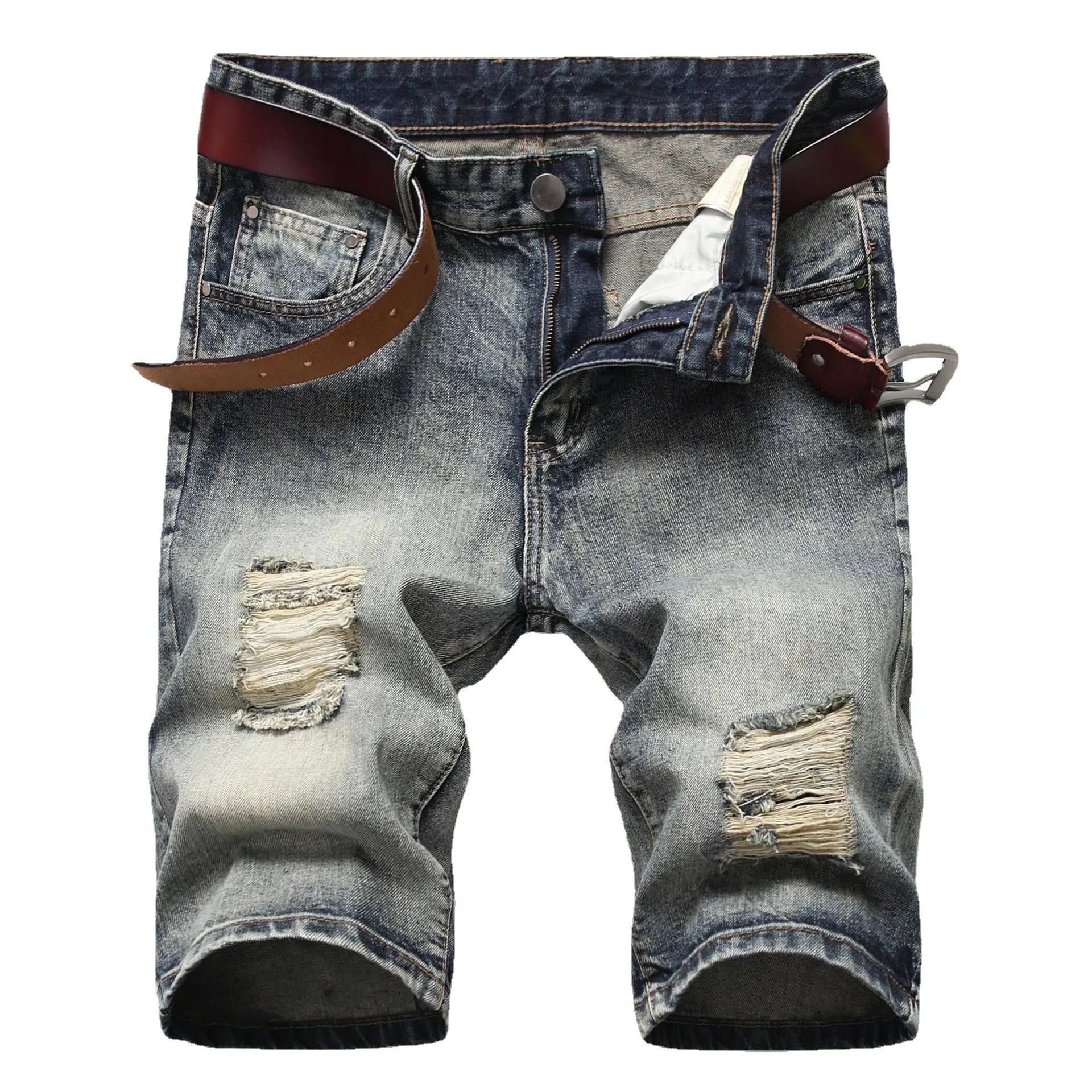Summer Men Straight Knee Length Simple Basic Casual Trendy Hole Patched Denim Shorts New Fashion American Style Bottom Clothes