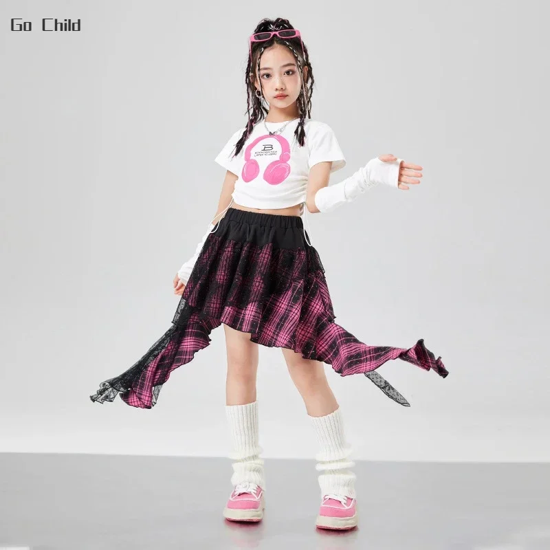 Hip Hop Girls Crop Top Street Dance Gauze K-pop Plaid Skirts Kids Streetwear Children Jazz Cheerleader Costumes Clothes Sets