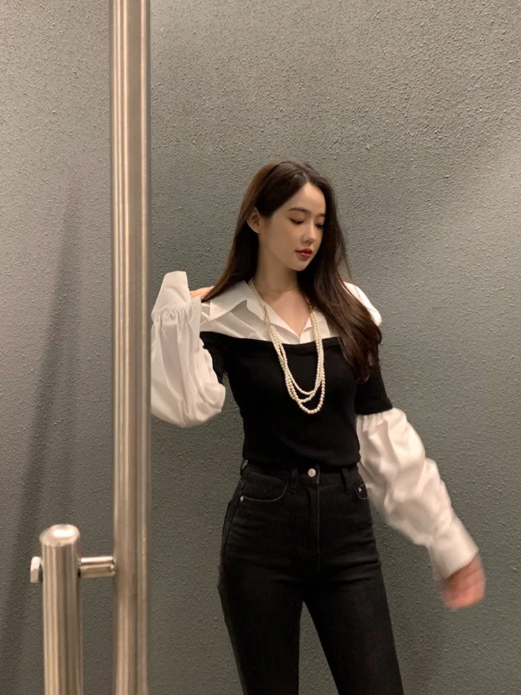 

Faionable Patchwork Long Sve Women's irt Korean Sle Early Spring Waist-Cinching Collar Ele Top