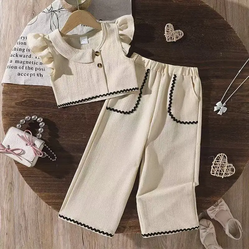 

Girls 2Pcs Outfit 2026 Spring Summer New Fashion One-Side Lapel Button Short Sleeve Top + Casual Wide Leg Pants Set Kids Outfits