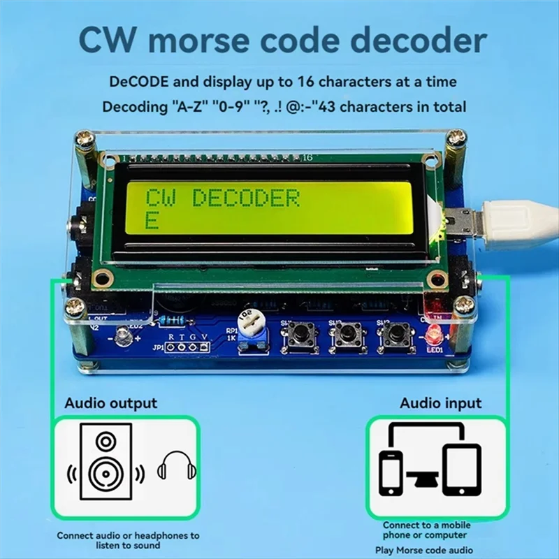 Leading-Upgraded CW Morse Code Decoder Finished +Case With Digital LCD CW Trainer Morse Code Decoder Kit