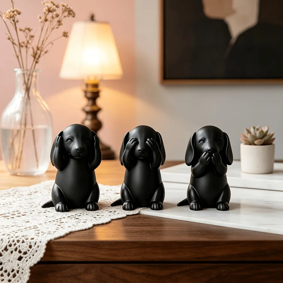 3pcs Mini Three Wise Dachshund Statues, Three Dachshund Decorative Ornaments - 