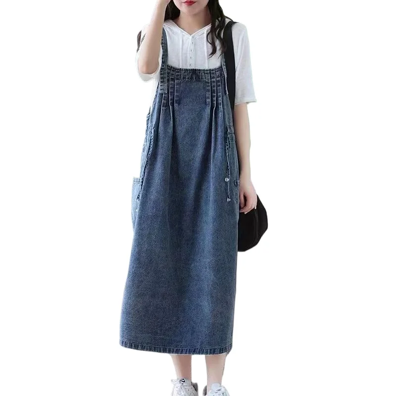 Losse Afslanken Mouwloze Bretels Rok Jurk Vrouwen Leeftijdsreductie Plus-size vrouwen Bretels Zomer Vintage Denim Rok
