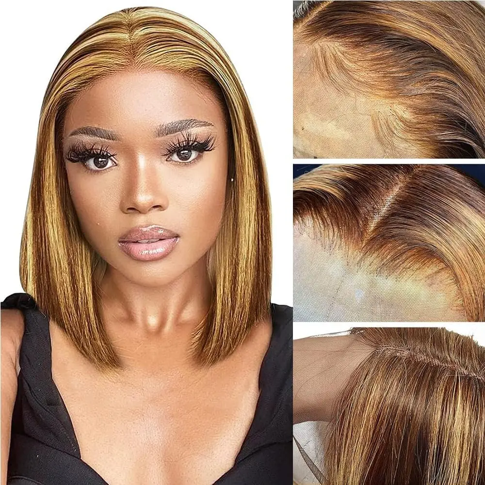 Ombre 4/27 Lace Frontal Bob Wigs Human Hair 10-14Inch Highlight Blonde Brown Color 13x4 Full Lace Front Wig Human Hair For Women