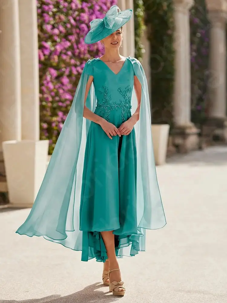 Elegant Latest Blue Mother of the Bride Dresses Ankle Length Wedding Party Gowns Lace Short Sleeves Mother Gowns 2024 High Low