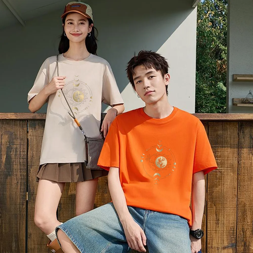 Golden Moon Phase Botanical Print T Shirt Breathable Fabric S-XXL Personalized Custom Casual Short Sleeve Tee Aesthetic Graphic