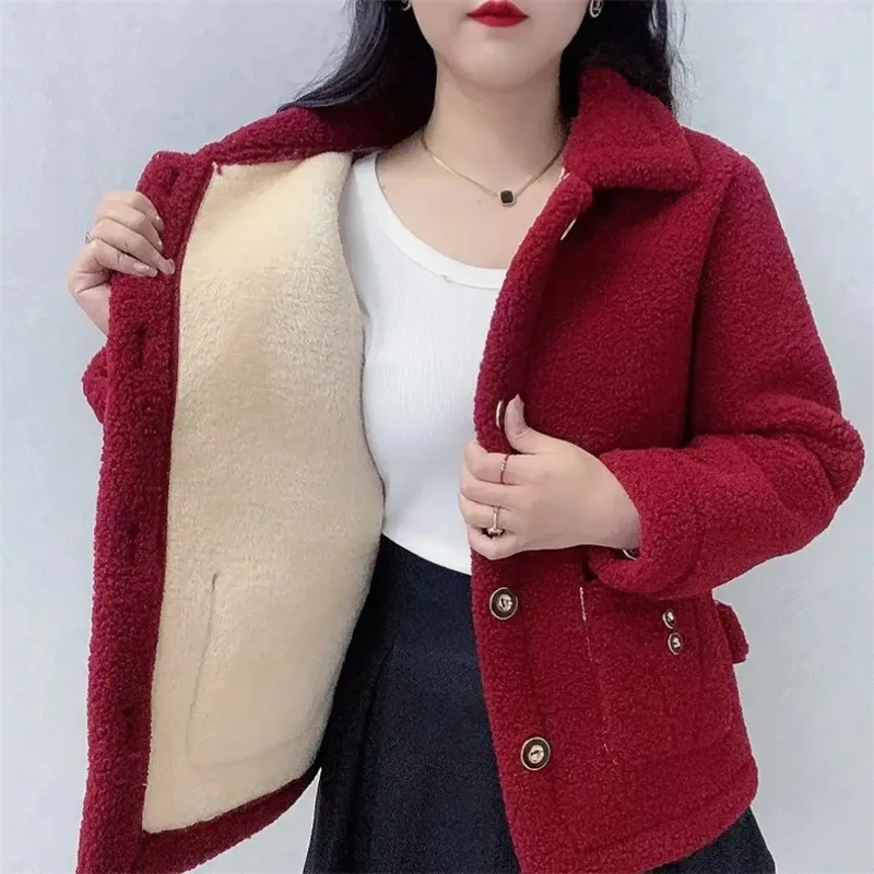 

Autumn Winter Thicken Imitation Lambswool Coat Women Fashion Granular Velvet Short Fur Coat Middle-aged Mother Plush Outwear 5XL