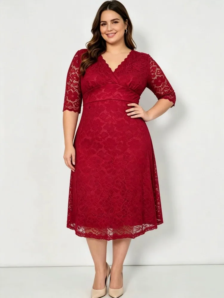 XL-5XL Plus Size Clothes Lace Dresses Women Autumn Summer Robes 3/4 Sleeve Street Style Casual 3XL Big Size Midi Dress Oversized