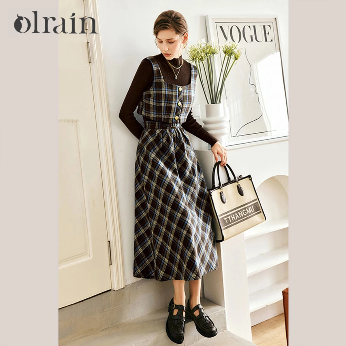 OLrain Women's French Fashion Plaid Skirt Sets 2026 Autumn New Square Collar Sleeveless Vest Midi Skirt Two-piece Set O57QE63559