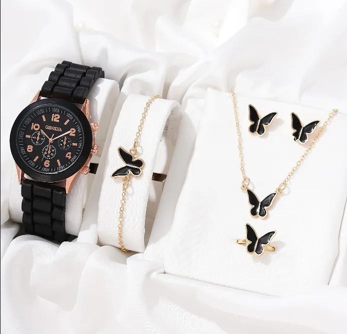 Conjunto de reloj de lujo para mujer, 5 uds., elegante reloj de aleación de lujo a la moda, correa de silicona, regalo de vacaciones, collar, pulsera, pendientes