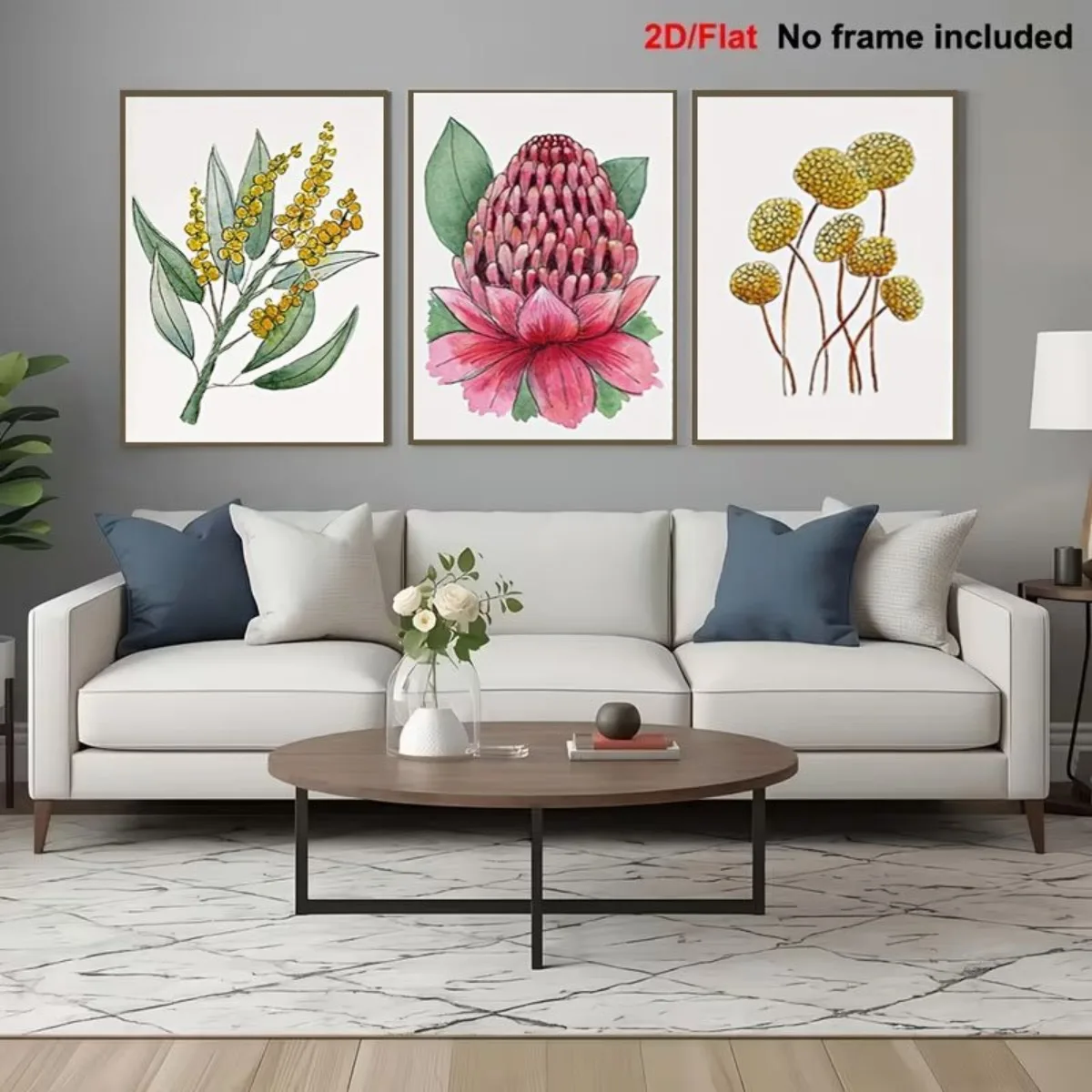 2D Flat, 2D Flat, 2D Flat 3pcs Set Frameless Canvas Decorative Painting Australian Local Flowers Printing Watercolor Style Ac