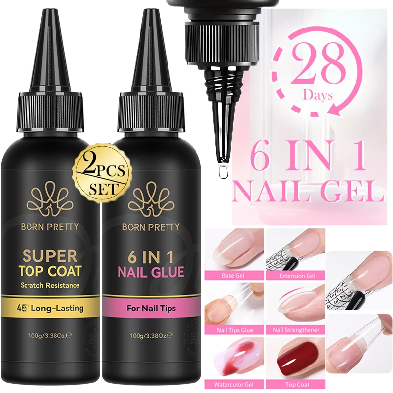 BORN PRETTY 100g Opakowanie do ponownego napełnienia Super Top Coat 6 w 1 Klej do paznokci Wzmacniający Przedłużanie Tipsów Żelowy Klej do Paznokci Salon Vernis