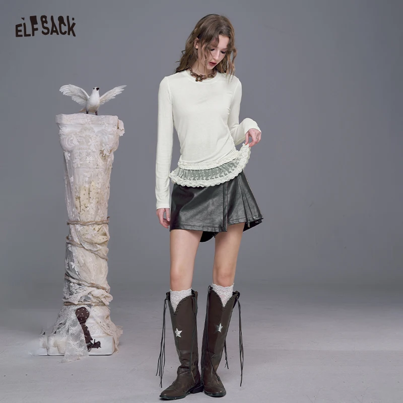 

ELFSACK 2025 Autumn New Arrivals Casual Elegant Slim Fit Solid Long Sleeve Lace Trim T-Shirt For Woman