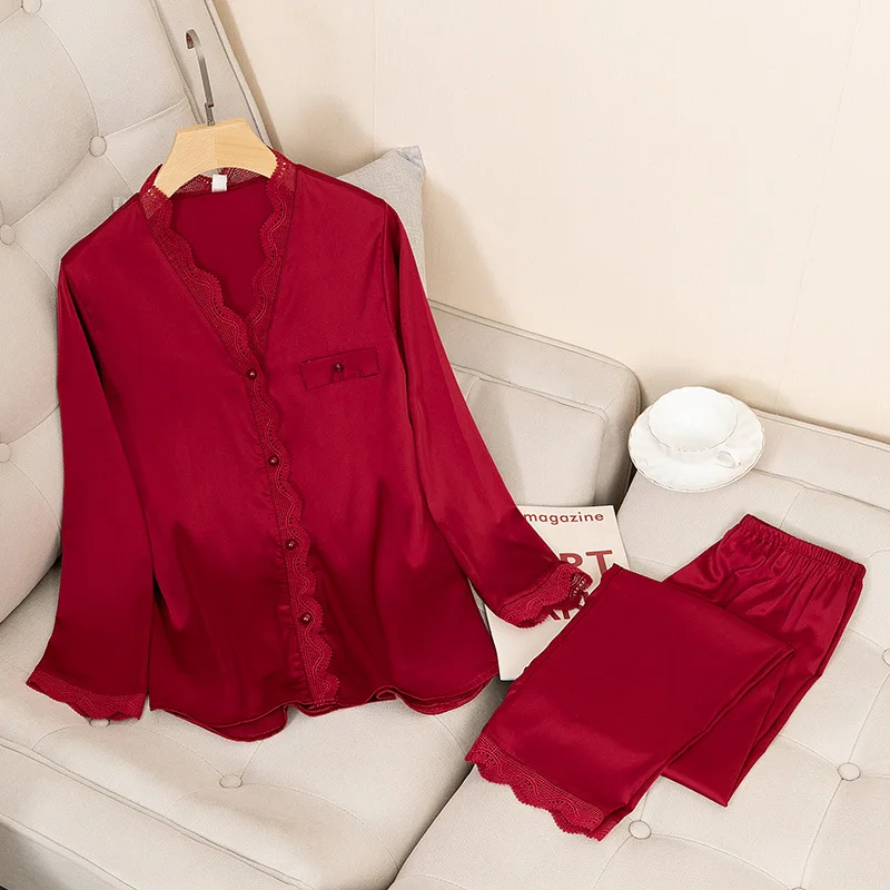 Conjunto de pijamas casuais cetim sexy 2 peça pijamas de seda loungewear sólido pijamas primavera novo roupão camisa & calças