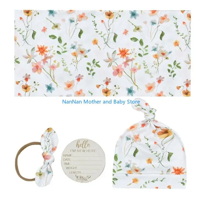 

4Pcs Newborn Swaddles Wrap with Hairband and Hat Card Photography Props for Baby Boys Girls Infant Wrapping Blanket