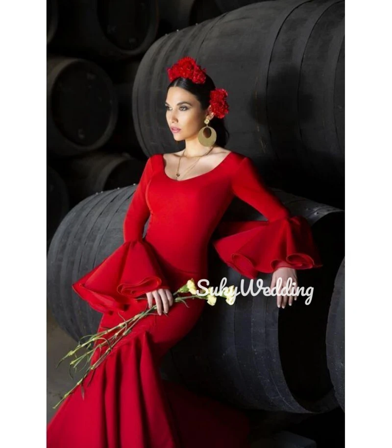 Red Flamenca Prom Dresses V neck Ruffles Skirt  Dancing Party Gowns Mermaid Women Evening Dresses Fairy Long Sleeves Customized