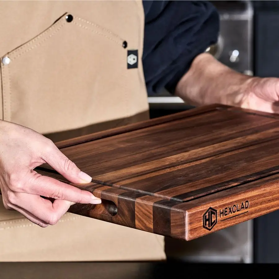 لوح تقطيع من خشب الجوز المتوسط، مزدوج الجوانب مع مقابض مجوفة ذات أخدود عصير، خشب متين، مقاوم للخدش، رائع لـ C