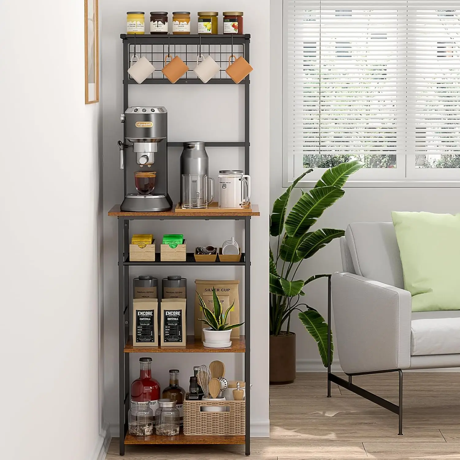 

5-Tier Corner Coffee Bar Cabinet with Hooks, Farmhouse Kitchen Stand for Small Spaces, 13.43x18.93x53.31 Inches