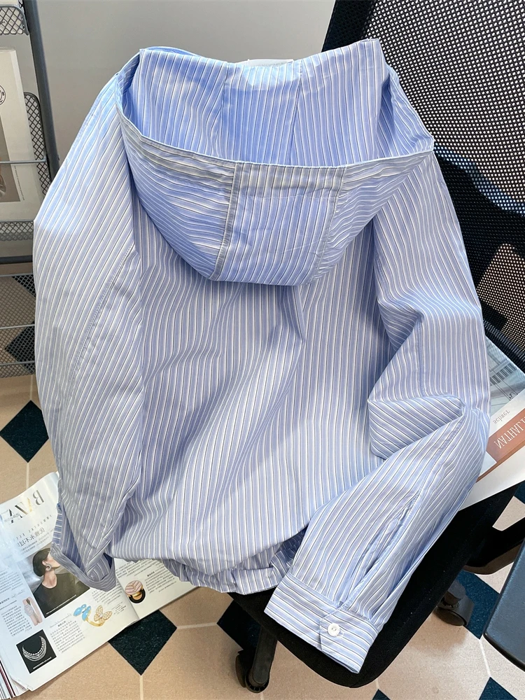 Hikigawa chique moda feminina estilo preppy japonês listrado com capuz camisas de manga longa outono casual todos os jogos blusaosp mujer