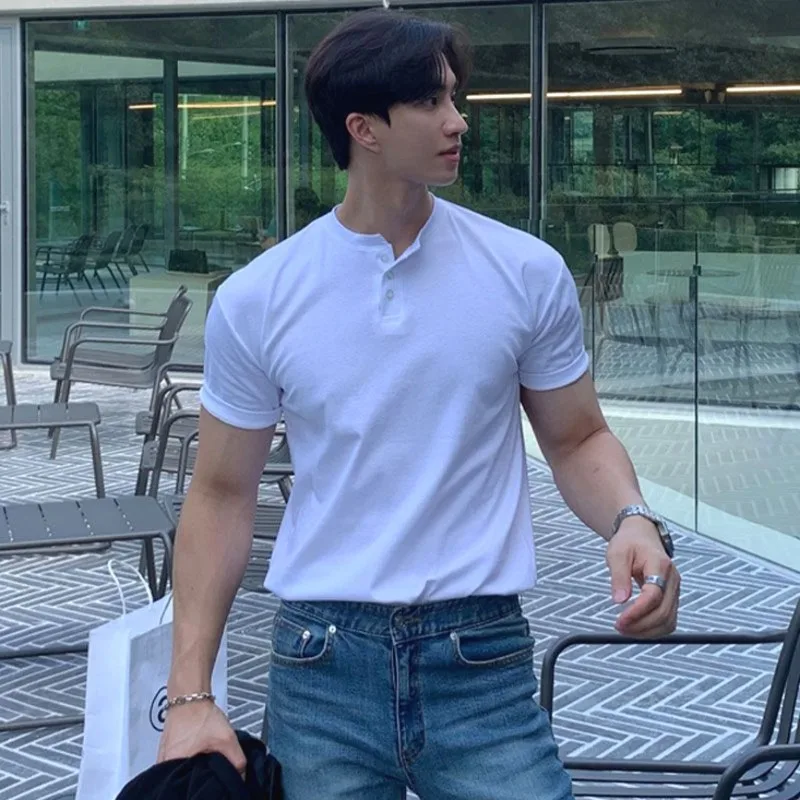 

American Henry Collar Pure Cotton Slim Fit ort Sve V-Ne Spor Top for Muscular Men Trendy f Button Design Casual Wear