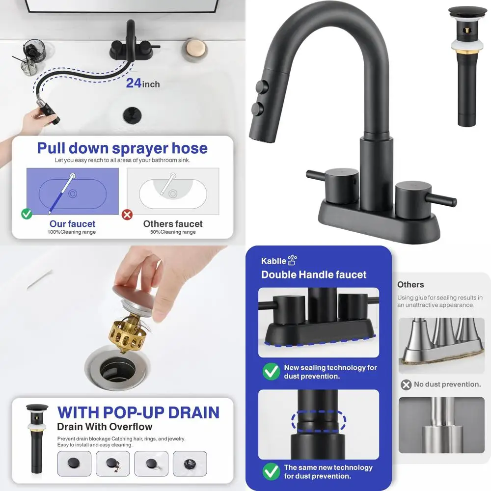 

4 Inch Matte Black 3-Hole Dual Handle Laundry Sink Faucet with Pull-Out Spray and Pop-Up Drain