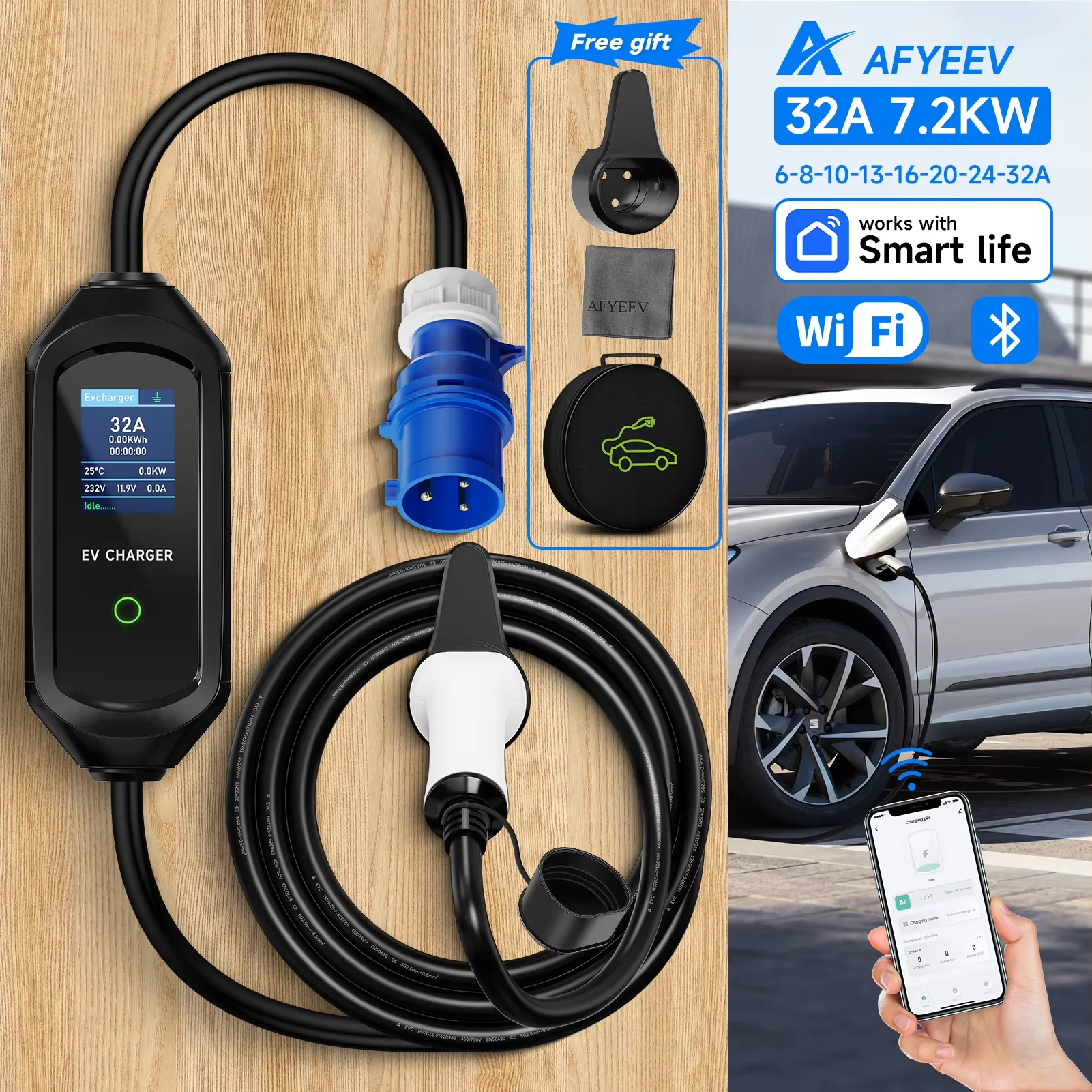 AFYEEV 32A 7.2KW Portable EV Charger Type2 Type1 Electric Vehicle Charger GB/T EVSE Charging Cable Wi-Fi Bluetooth APP Control