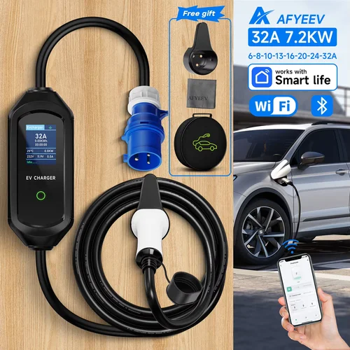 Imagen 1 del producto AFYEEV 32A 7.2KW cargador EV portátil Type2 Type1 cargador de vehículo eléctrico GB/T EVSE Cable de carga Wi-Fi Bluetooth Control de aplicación