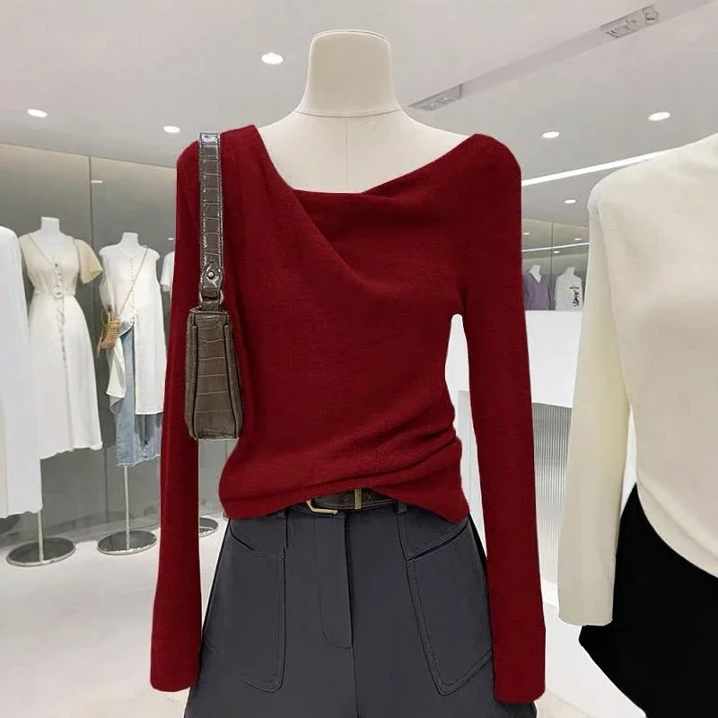

Grey Collar Long Sleeved Knitted Sweater For Women, With A High-End Autumn And Winter Temperament, Slim Fit And Unique Top