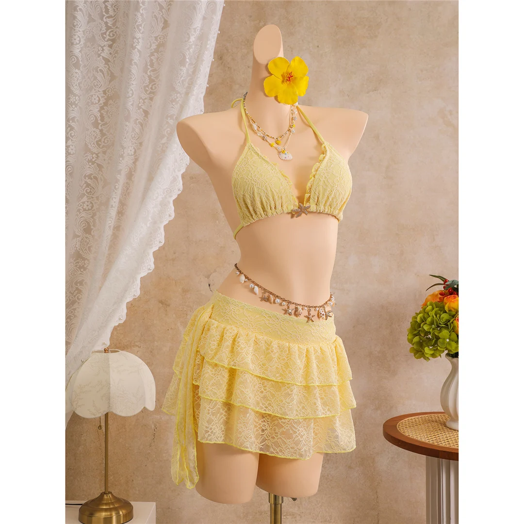 Mit Rüschenrock, Neckholder-Bikini, Damen-Badeanzug, dreiteiliges Bikini-Set, gepolsterter Badeanzug, Badebekleidung, Badeanzug V8400 – Detail 5