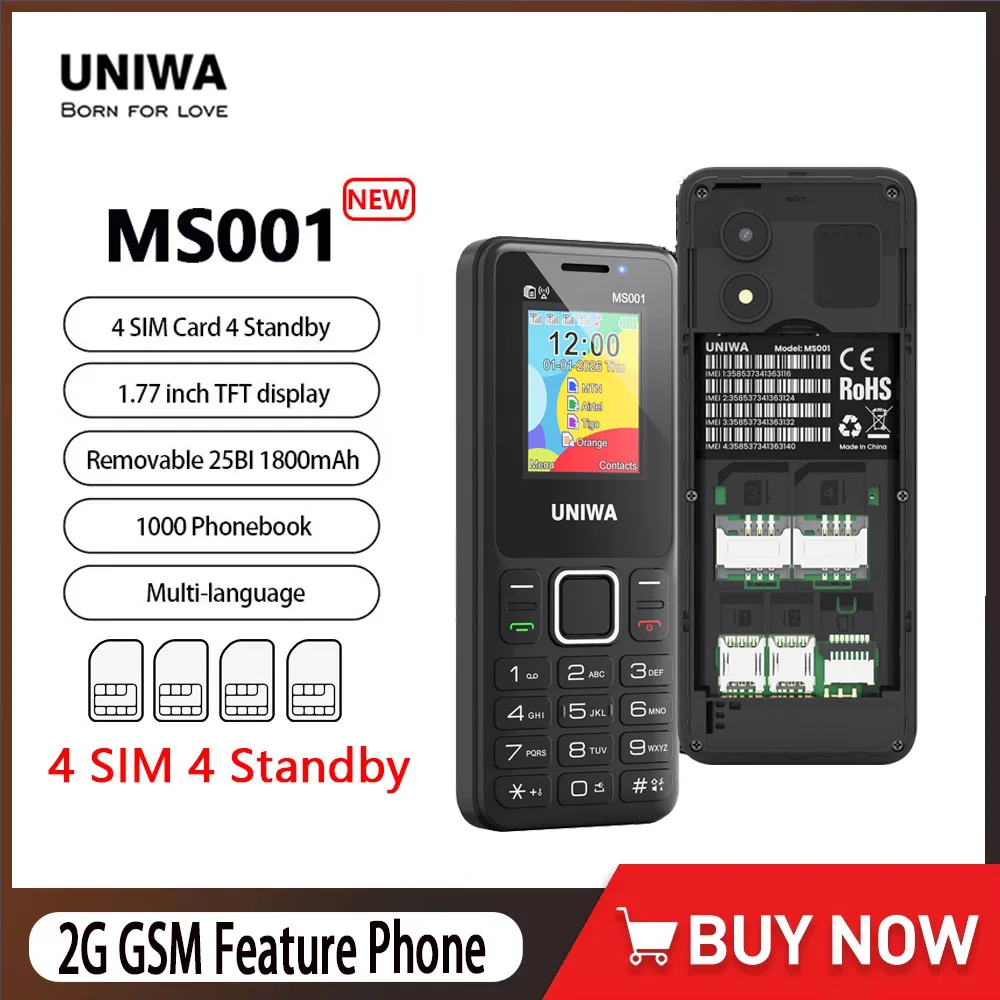 UNIWA MS001 2G Feature Phone 4 SIM 4 Standby GSM Signal Booster Keypad Phone 1800mAh Wireless radio Torch Senior Elder Cellphone