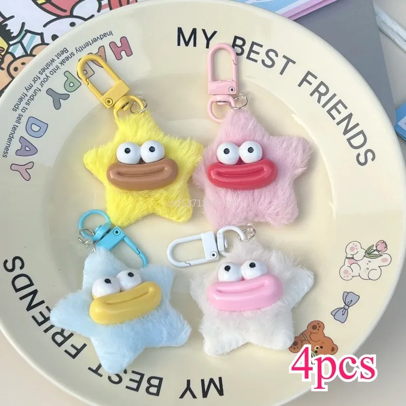 

4pcs Fashion Cartoon Funny Star Keychain Plushies Mini Sausage Mouth Keyring Y2K Dopamine Star Plush Pendant Backpack Decor
