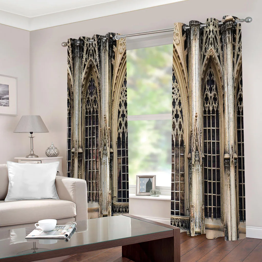 HUANZHUANG Curtains & Drapes For Living Room Vintage Old Architecture Blackout Curtains For Bedroom Print Pattern Eyelet Thermal