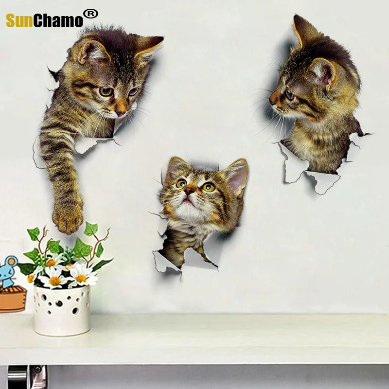 Sunchamo Cute Cat 3D Cracked Toilet Sticker Wall Stickers Fridge Car Seat  Living Bath Room Home Decor Wallstickers Bedroom