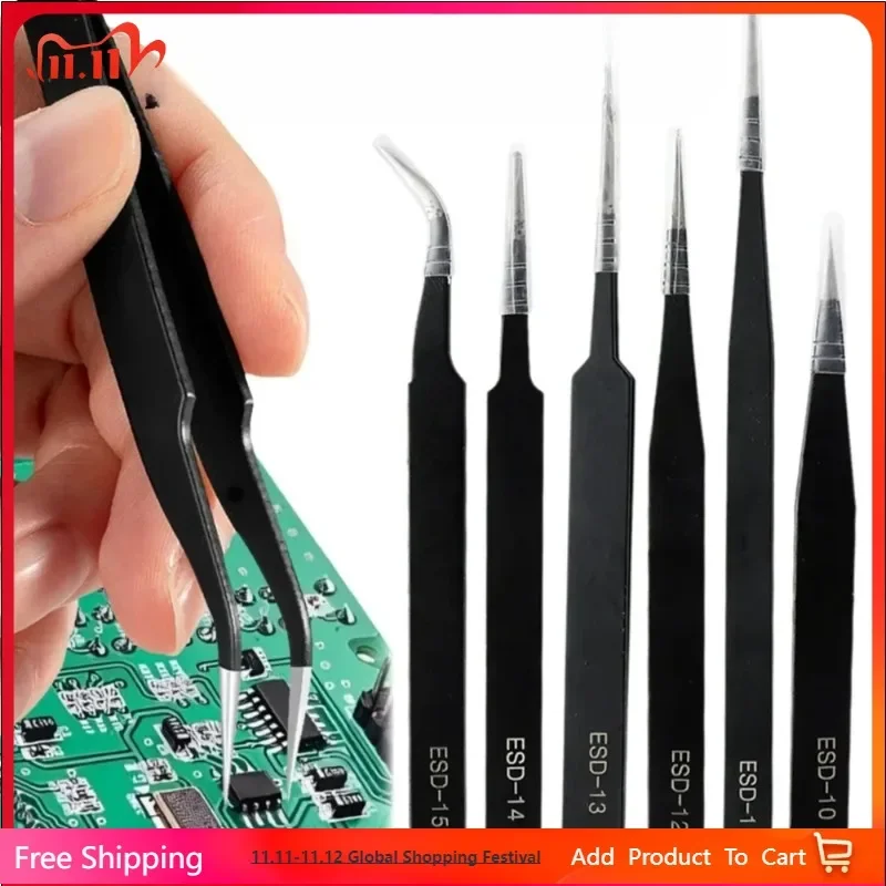 Hot Sell Precision Tweezers Set ESD Stainless Steel Anti-Static PCB Repair Tools For Electronics Soldering Craft